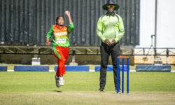 Nomvelo Sibanda in action for Zimbabwe Women in the fifth one-dayer against South Africa Emerging Women