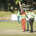 Zimbabwe Women captain Josephine Nkomo raises her bat to celebrate her third fifty in as many matches against South Africa Emerging Women