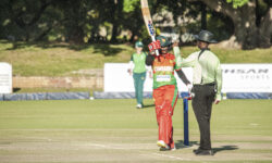 Zimbabwe Women captain Josephine Nkomo raises her bat to celebrate her third fifty in as many matches against South Africa Emerging Women