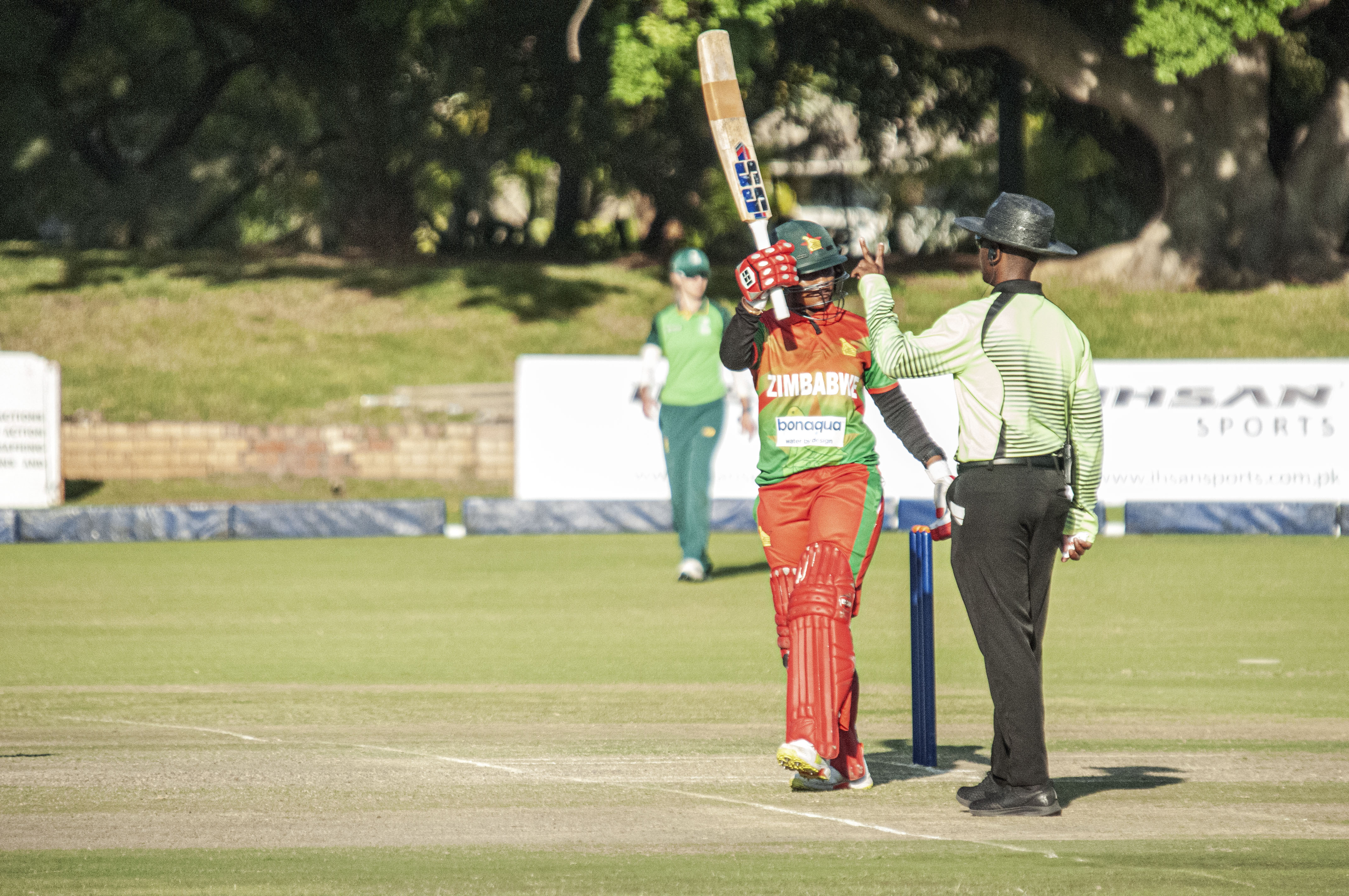 Zimbabwe Women captain Josephine Nkomo raises her bat to celebrate her third fifty in as many matches against South Africa Emerging Women