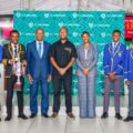 The winning Marist Brothers High School team poses with Old Mutual Zimbabwe Group Chief Operations Officer, Isiah Mashinya (third from left) and Primary and Secondary education deputy minister Angeline Gata (fifth)